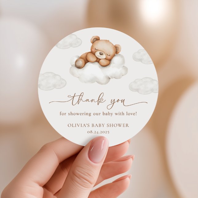 Sticker Rond On Cloud Nine Neutral Teddy Bear Baby Shower Favor (Créateur téléchargé)