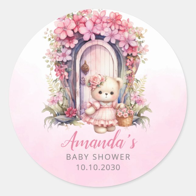 Sticker Rond On peut attendre Baby shower rose aquarelle (Devant)