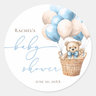 Sticker Rond On Peut Attendre Bear Balloon Baby shower bleu