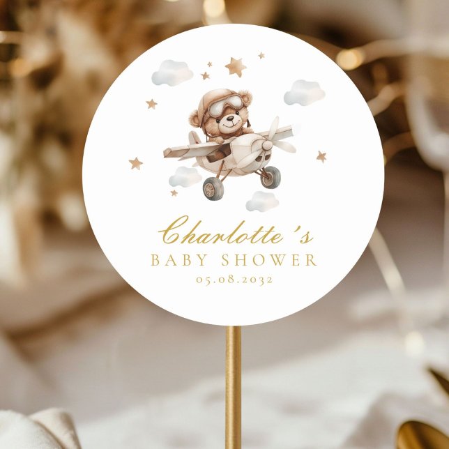 Sticker Rond On Peut Attendre ! Ours et avion en peluche (Personalized, We Can Bearly Wait! Teddy Bear & Airplane Classic Round Sticker)
