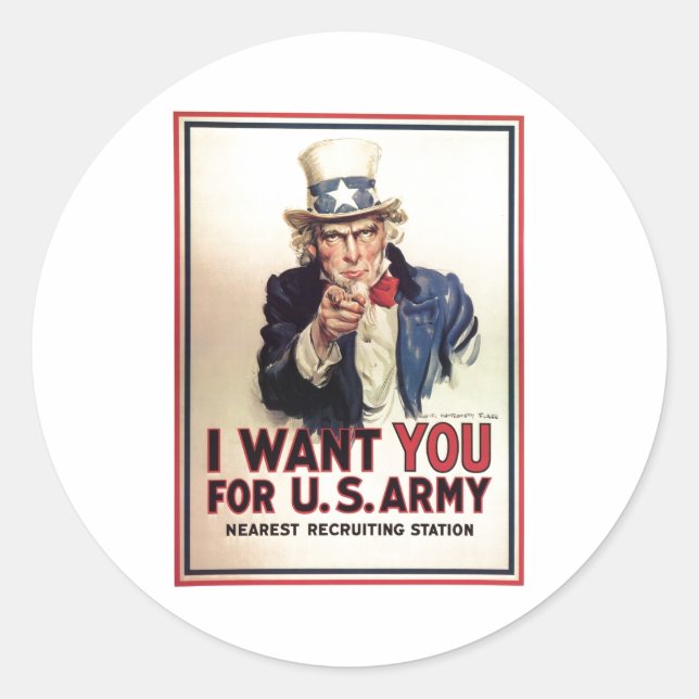 Sticker Rond Oncle Sam Je Vous Demande Pour L'Armée Américaine (Devant)