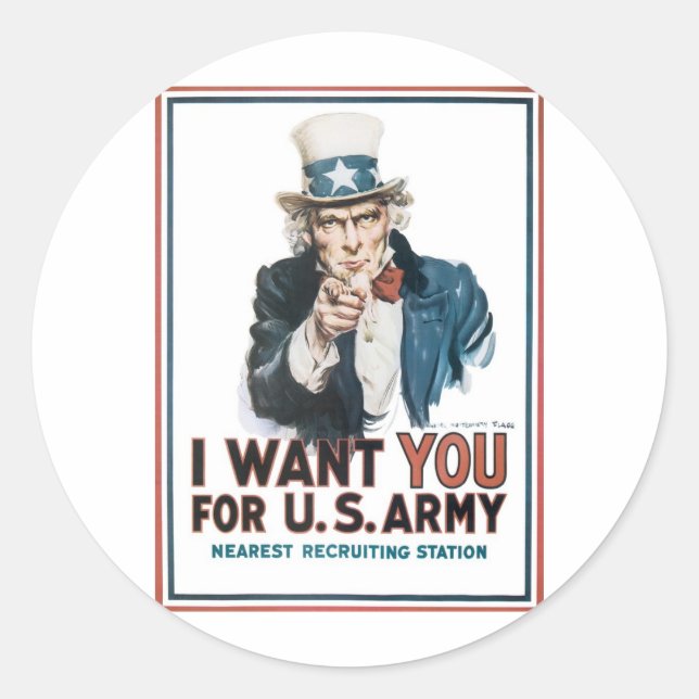 Sticker Rond Oncle Sam Poster, Amérique. Je Veux Que Vous... (Devant)