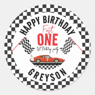 Sticker Rond One Fast Race Car Boy 1ère fête d'anniversaire