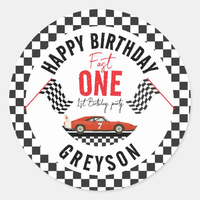 Sticker Rond One Fast Race Car Boy 1ère fête d'anniversaire (Devant)