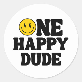 Sticker Rond One Happy Dude Boy's Retro 1st Birthday 