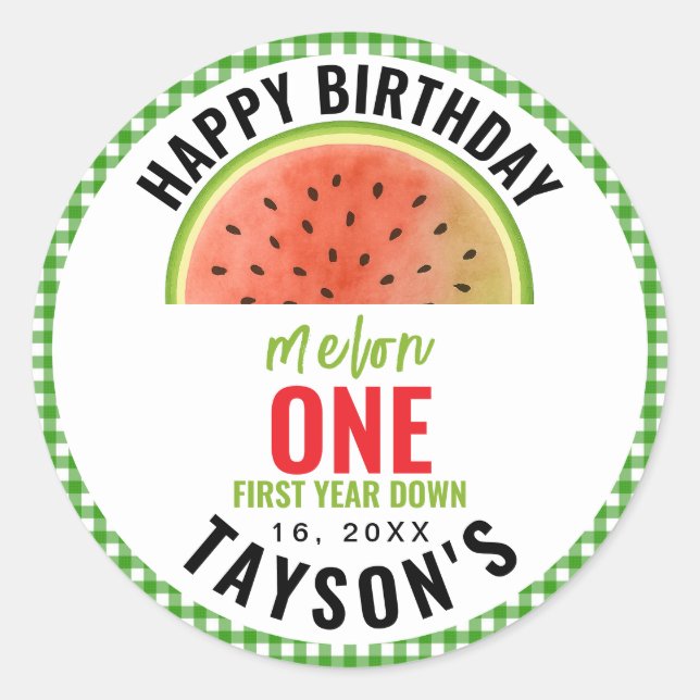 Sticker Rond One in a Melon glitter watermelon 1st birthday (Devant)