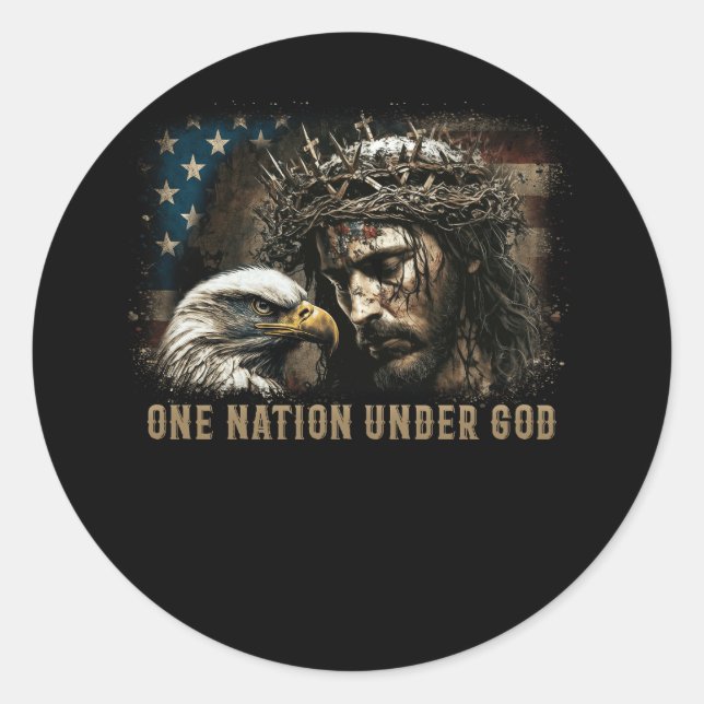 Sticker Rond One Nation under God Jesus Christian Eagle America (Devant)