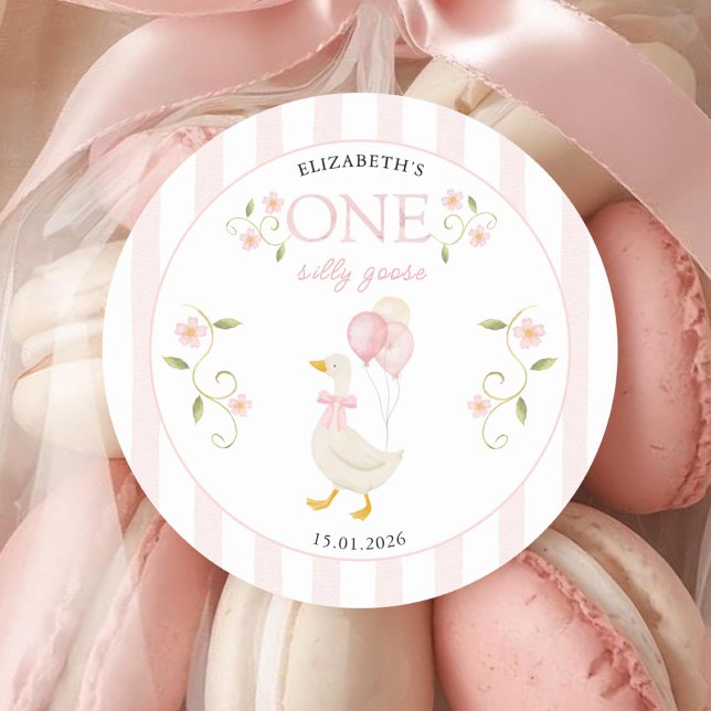Sticker Rond One Silly Goose Girl 1st Birthday Pink (Créateur téléchargé)