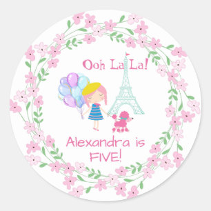 Sticker Rond Ooh La La ! Paris Girl & Pink Poodle