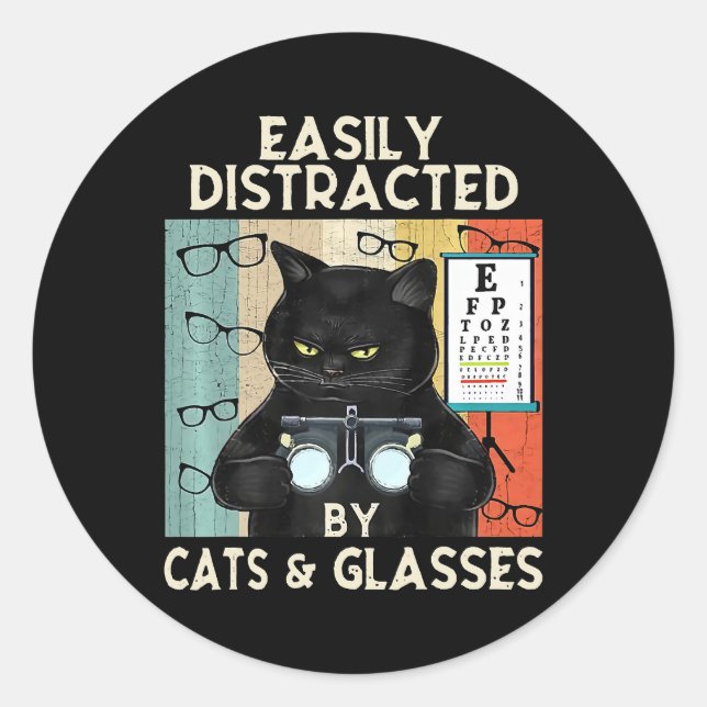 Sticker Rond Optométrie Amusante Facilement Distraite Par Chats (Devant)