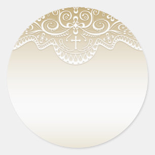 Sticker Rond Or avec dentelle, croix, religieuse