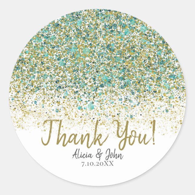 Sticker Rond Or Blanc et Bleu sarcelle Paillettes Moderne Glamo (Devant)