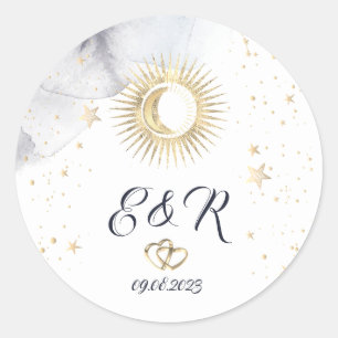 Sticker Rond Or céleste Soleil, Lune, Étoiles