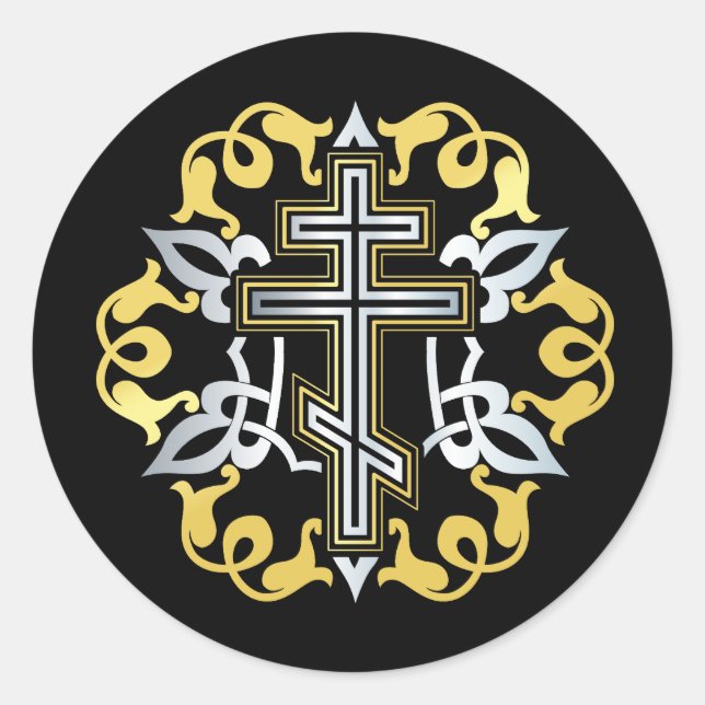 Sticker Rond Or Croix Orthodoxe Avec Ornements (Devant)