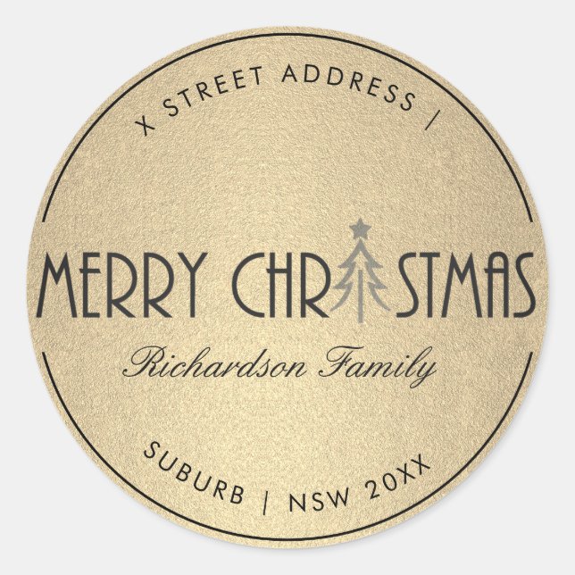 STICKER ROND OR MODERNE MERRY NOËL ADRESSE DE VACANCES (Devant)