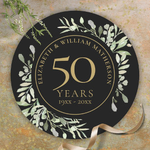 Sticker Rond Or noir aquarelle verdure 50e anniversaire