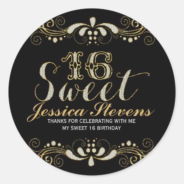 Sticker Rond Or & Parties scintillant Lace Sweet 16 (Devant)