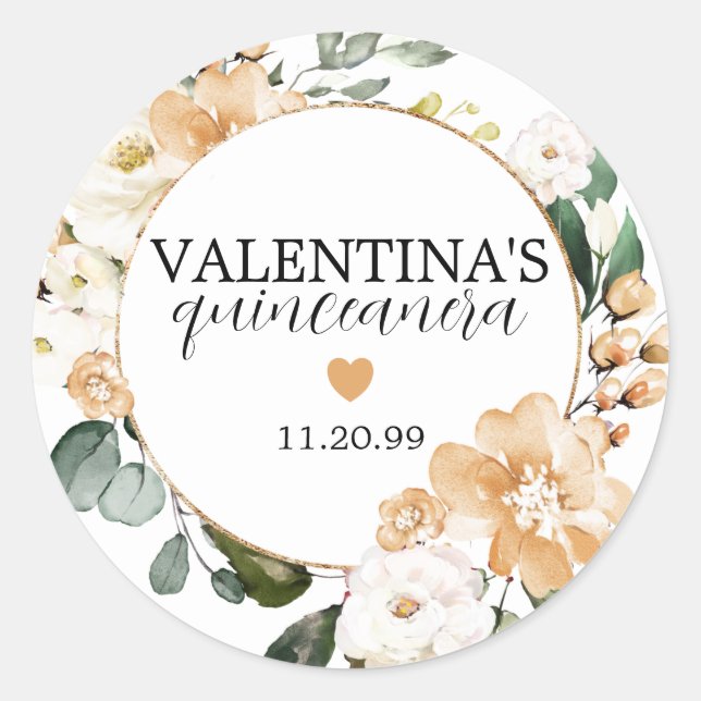 Sticker Rond Or Rose Floral Quinceanera Favoriser (Devant)