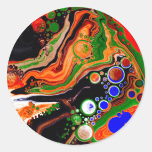 Sticker Rond Orange, Bleu, Vert, Black Digital Fluid Art