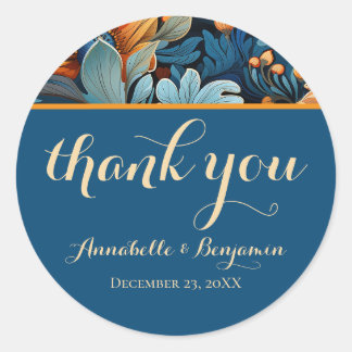 Sticker Rond Orange brûlé moderne et Mariage floral bleu