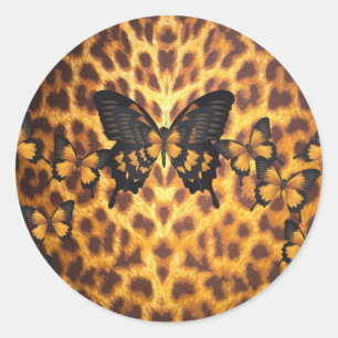 STICKER ROND ORANGE BUTTERFLITS SUR EMPREINTE DE LÉOPARD