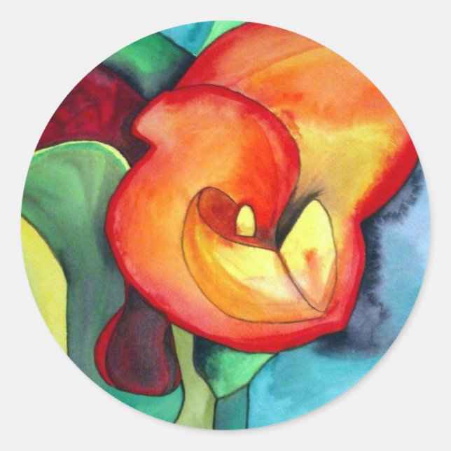 Sticker Rond Orange Canna nénuphar art original aquarelle (Devant)