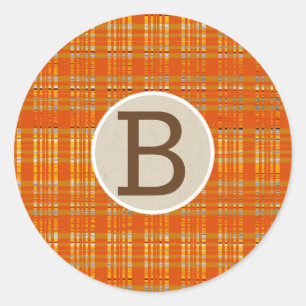 Sticker Rond Orange Carreaux & Marron Kraft Monogramme Initial 