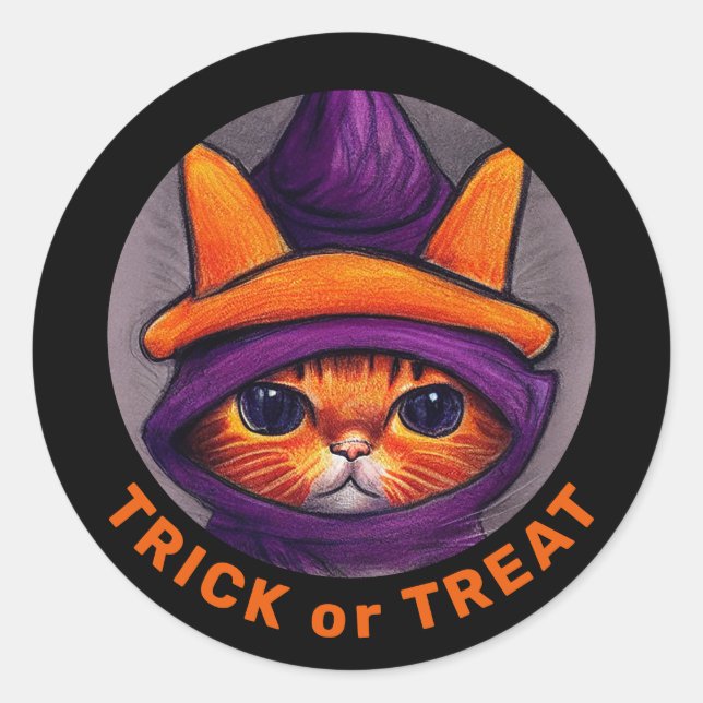 Sticker Rond Orange Chat Violet Sorcière Casquette Treat Hallow (Devant)