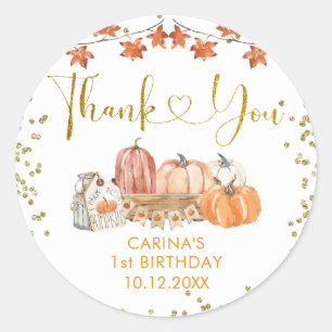 Sticker Rond Orange Citrouille Patch Automne Anniversaire Merci