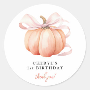 Sticker Rond Orange Citrouille rose Bow 1er anniversaire