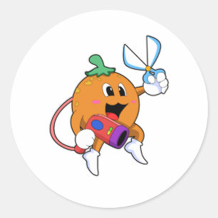 Sticker Rond Orange comme Coiffeur avec ciseaux et sèche-cheveu