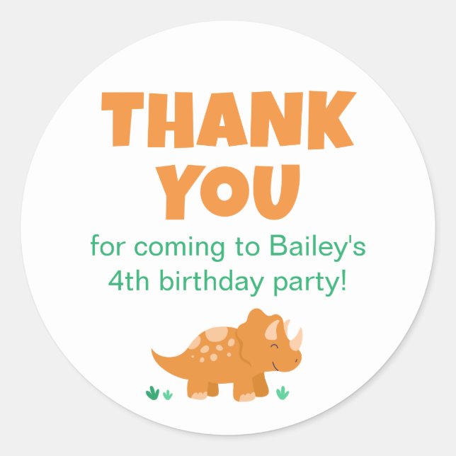 Sticker Rond Orange Dinosaur Merci de fête d'anniversaire (Devant)