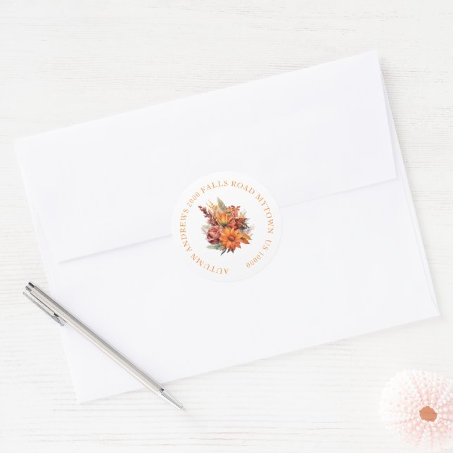 STICKER ROND ORANGE FALL NOM ET ADRESSE FLORAUX (Enveloppe)