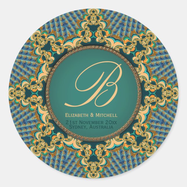 Sticker Rond Orange Gold Turquoise Brocade Lace Circle Monogram (Devant)