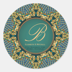 Sticker Rond Orange Gold Turquoise Brocade Lace Circle Monogram