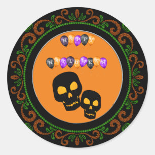 Sticker Rond Orange Green Black Skuls Happy Halloween Ballons