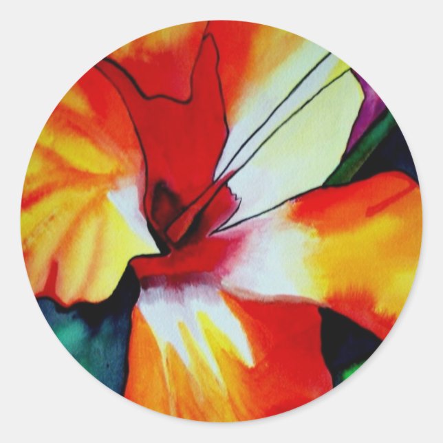 Sticker Rond Orange Hibiscus fleurs tropicales aquarelle art (Devant)