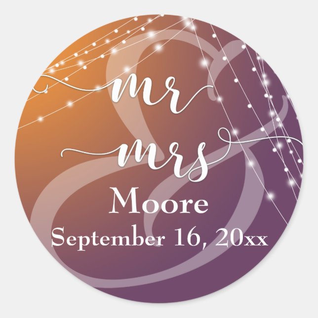 Sticker Rond Orange Plum Ombre & Strings Light Mr & Mrs. (Devant)