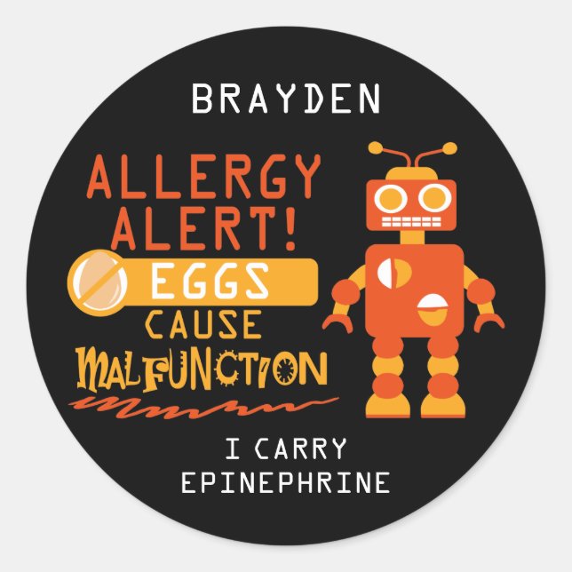 Sticker Rond Orange Robot Egg Alerte d'allergie personnalisée (Devant)