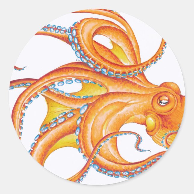 Sticker Rond Orange Rouge Kraken Octopus Danse d'Art (Devant)