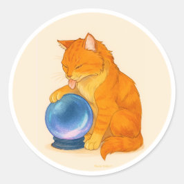 Sticker Rond Orange Tabby cat with blue crystal ball 