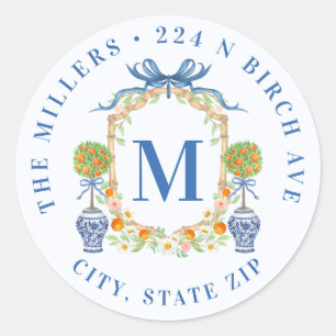 Sticker Rond Orange Topiary Chinoiserie Monogram Adresse