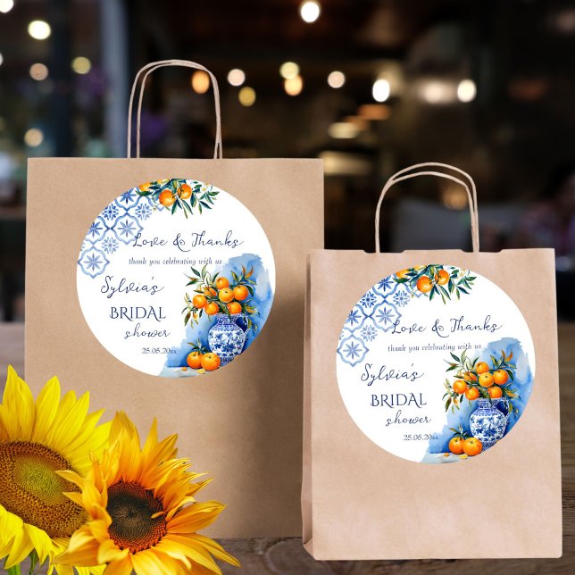 Sticker Rond Oranges bleues Talavera favori de shower de mariag (Talavera blue oranges citrus Mexican Hacienda summer bridal shower thank you favor sticker template)