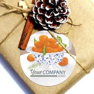 Sticker Rond Oranges d'hiver Blue Floral Porcelain cadeau de va