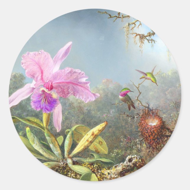 Sticker Rond Orchidée et trois colibris (Devant)