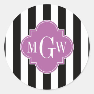 Sticker Rond Orchidée noire blanche Quatrefoil 3 Monogramme