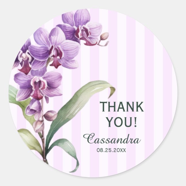 Sticker Rond Orchidée violette moderne rayures Merci floral (Devant)
