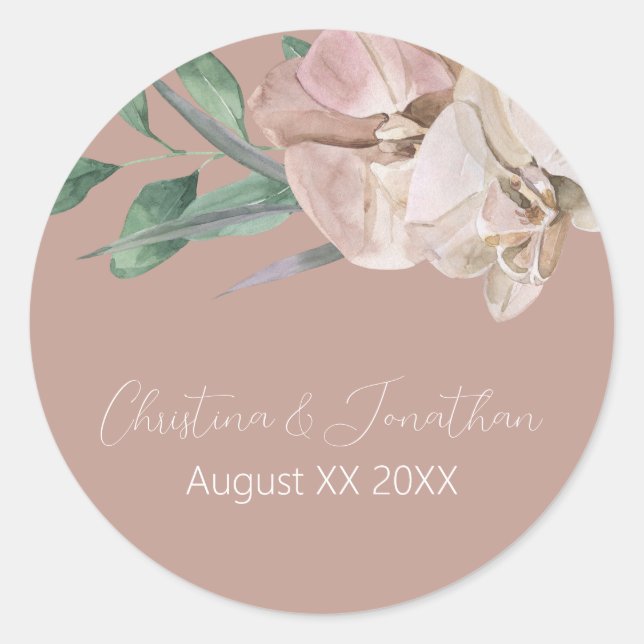 Sticker Rond Orchidées aquarelles romantiques sur rose poudré (Devant)
