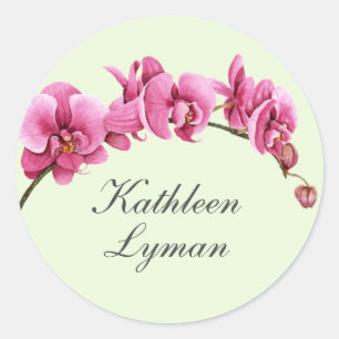 Sticker Rond Orchidées aquarelles rose vif tropicales avec nom