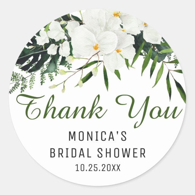 Sticker Rond Orchidées blanches élégantes Floral bohème Merci (Devant)